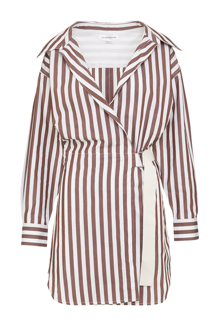 Wrap Shirt Dress in Brown and White